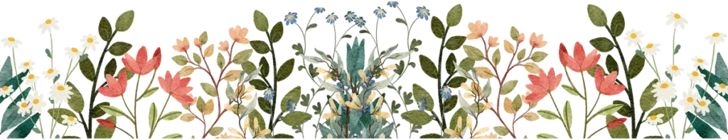 A horizontal, painterly illustration of white daisies, pink flowers, and greenery on a white background.