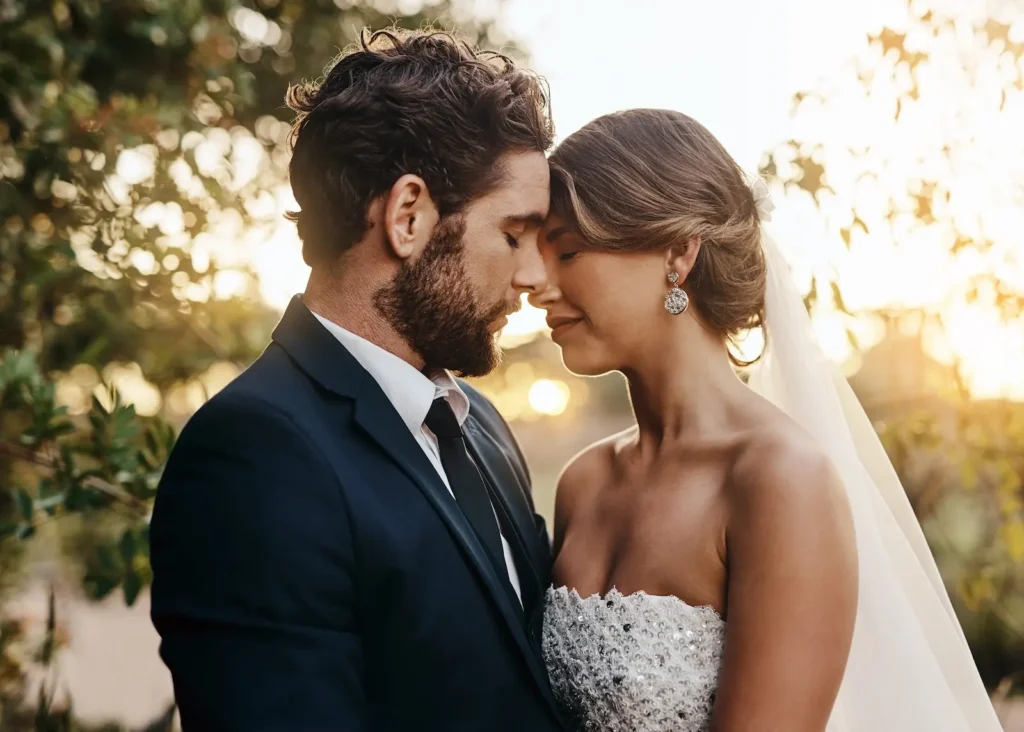 A bride and groom touch foreheads during an intimate outdoor wedding portrait at sunset.
