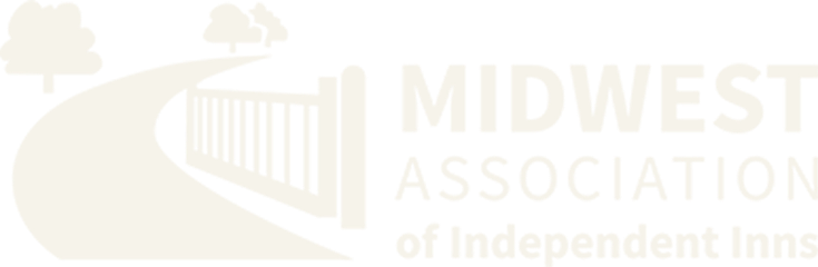 Logo for the Midwest Association of Independent Inns, featuring a gate, trees, and a road on a black background.